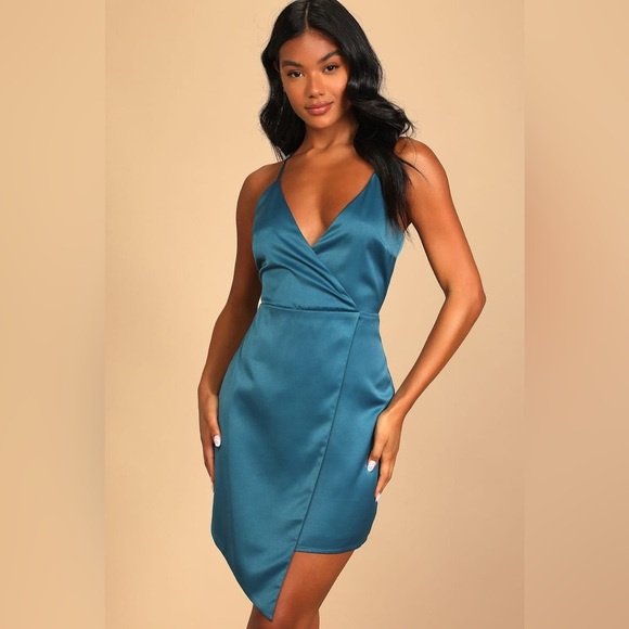 Lulus What a Stunner Dark Teal Blue Asymmetrical Mini Dress Size Large L NWT - Picture 1 of 11